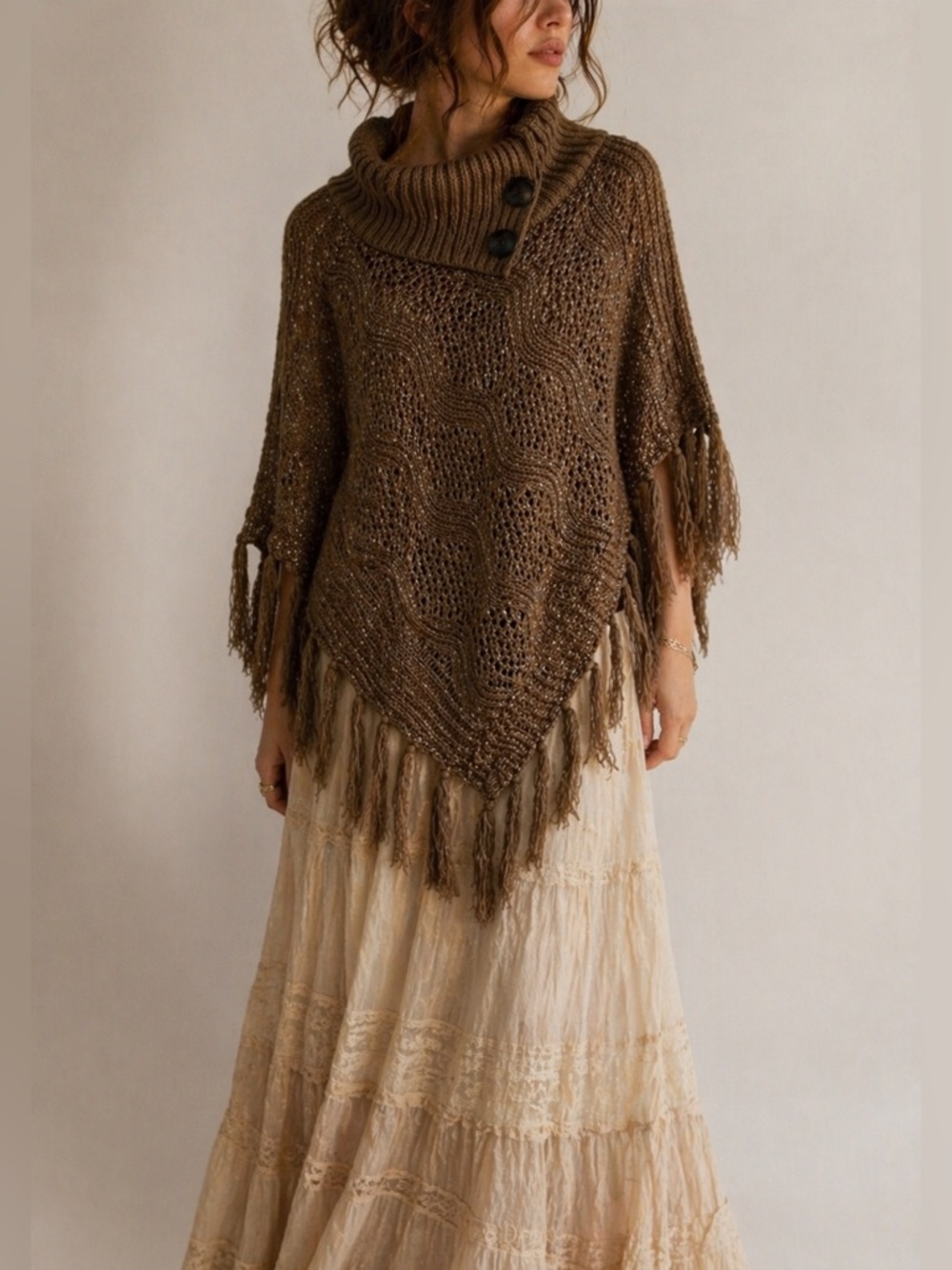 Boho Cottage Sequin Fringe Knit Poncho Sweater‎ Brown One Size Fairy Woodland